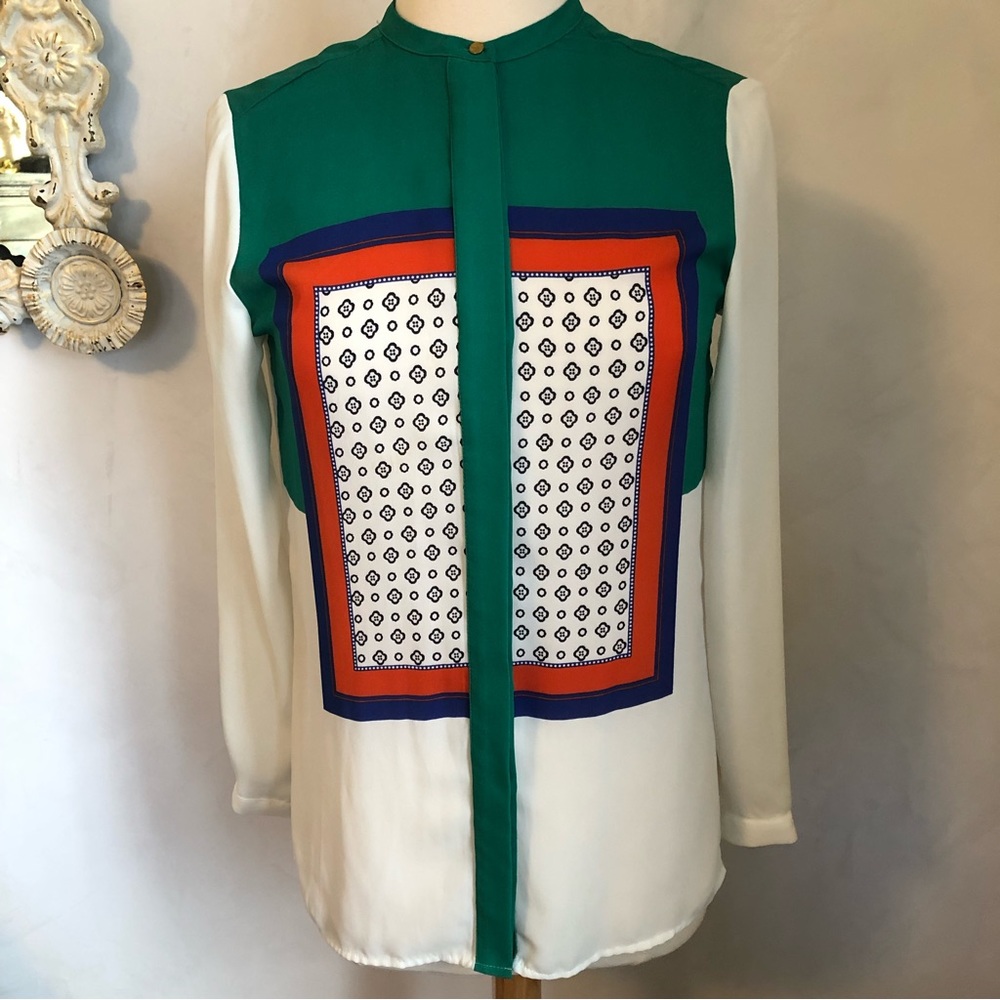 H&M White,Green Geometric pattern Contemporary style Blouse Long Sleeves Size 2